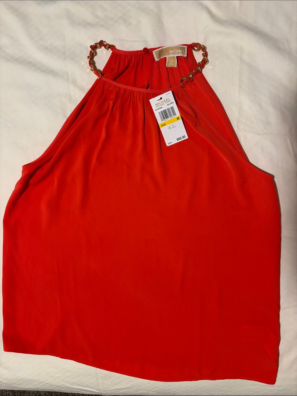 Michael Kors Bright Red Halter Top with Gold Chain Straps